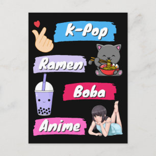 K-Pop, Ramen, Boba en Anime Pop Culture Fan Briefkaart