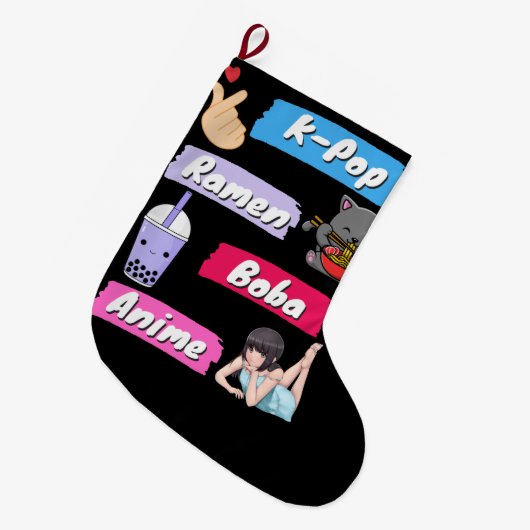 K-Pop, Ramen, Boba en Anime Pop Culture Fan Grote Kerstsok (Voorkant (Hangend))