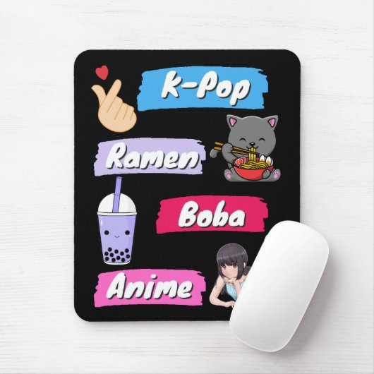 K-Pop, Ramen, Boba en Anime Pop Culture Fan Muismat (Met muis)