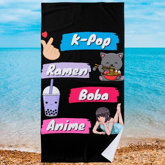 K-Pop, Ramen, Boba en Anime Pop Culture Fan Strandlaken
