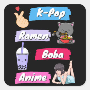 K-Pop, Ramen, Boba en Anime Pop Culture Fan Vierkante Sticker