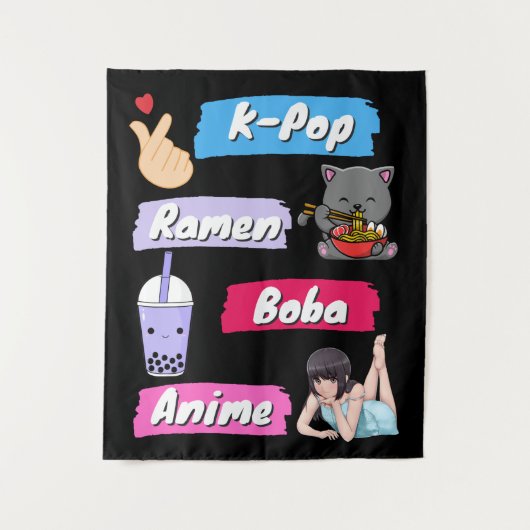 K-Pop, Ramen, Boba en Anime Pop Culture Fan Wandkleed (Voorkant)