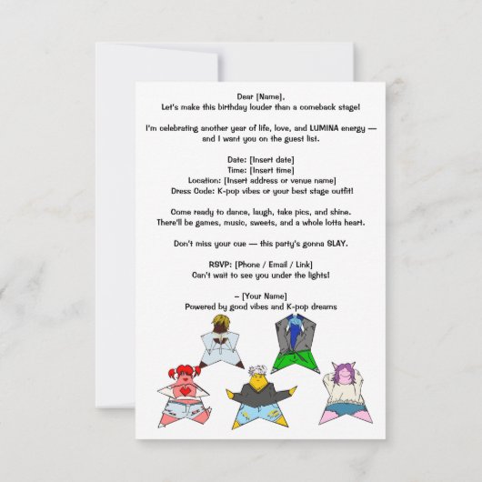 K-Pop Verjaardag Uitnodiging Briefkaart (Achterkant)