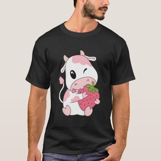 K Strawberry Cow Print Kawaii Animal T-shirt (Voorkant)