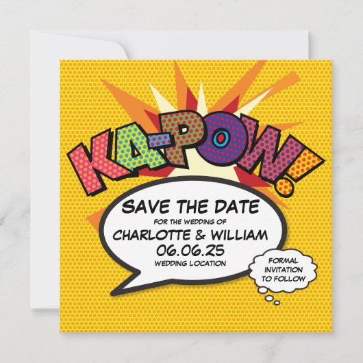 KA-POW Bewaar de datum leuk retro strip popart Save The Date (Voorkant)