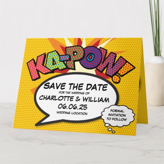 KA-POW Sla de datum op Leuk Retro Strip Pop Art Kaart (Voorkant)