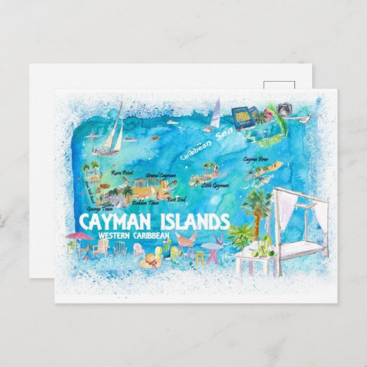 Kaaimaneilanden geïllustreerde reiskaart met wegen briefkaart (Voorkant / Achterkant)