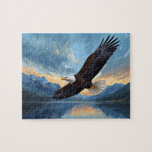 Kaal Adelaar Zwevende Bergmeer Zonsondergang Kunst Legpuzzel