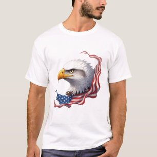 Kaal Adelaarshoofd met Golvende Amerikaanse Vlag T-shirt