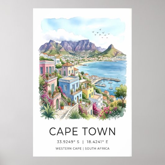 Kaapstad Reisposter - Aquarel Heuvellandschap en Poster (Voorkant)