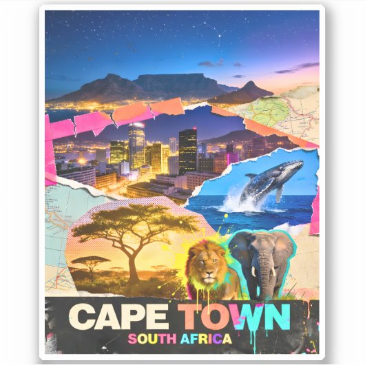 Kaapstad Zuid-Afrika Berg Zee Safari Collage Sticker (Voorkant)