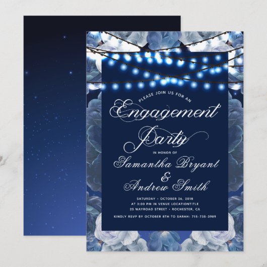Kaarlichten Blauw Elegant Verloving Kaart (Voorkant / Achterkant)