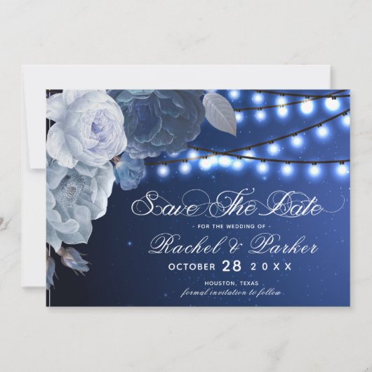 Kaarlichten Blauw Elegant Weddenschap Save The Date (Voorkant)
