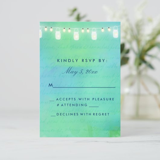 Kaarlichten en moeraspotten in blauw groen RSVP kaartje (Staand voorkant)