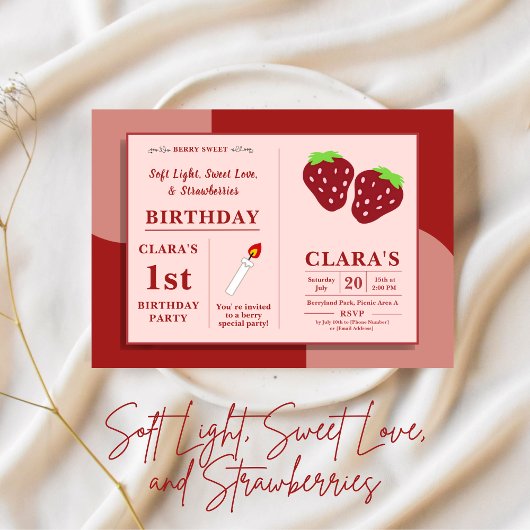 Kaars en aardbeien 1e verjaardag roze en rood kaart