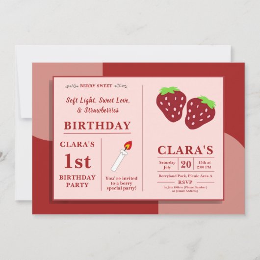 Kaars en aardbeien 1e verjaardag roze en rood kaart (Voorkant)