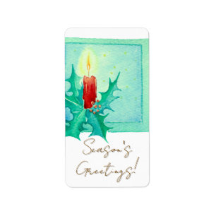 Kaars en hulst kerstkaart etiket