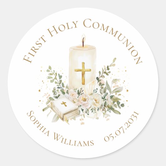 Kaars Kruis Bijbel Rozen Eerste Heilige Communie Ronde Sticker (Voorkant)