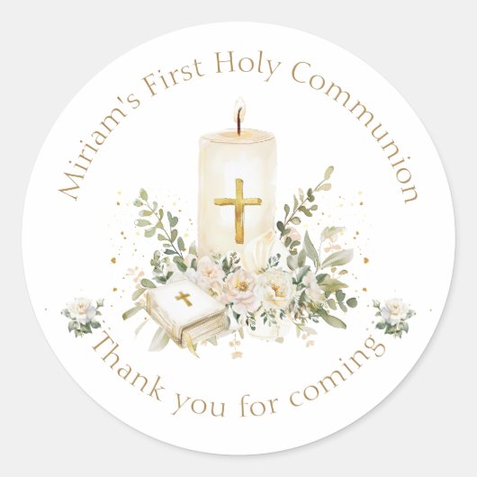 Kaars Kruis Bijbel Rozen Eerste Heilige Communie Ronde Sticker (Voorkant)