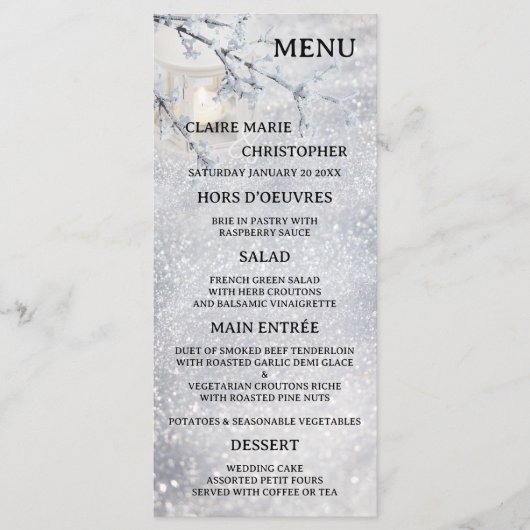 Kaars Lantaarn Sparkling Sneeuw Bruiloft Menu (Voorkant)