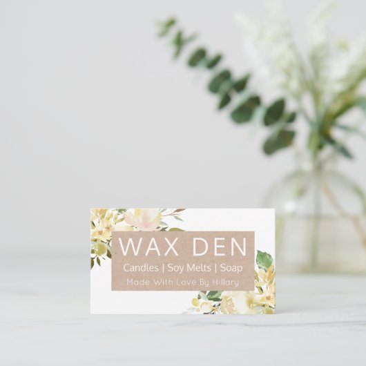 Kaars met witte en Kraft-zeep - zeenvlek en zandko Visitekaartje (Staand voorkant)