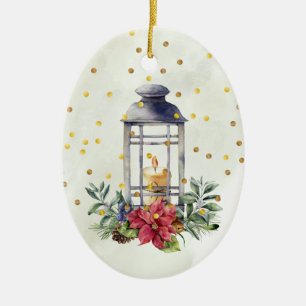 Kaars, Poinsettia, mistletoe, kerst met confetti Keramisch Ornament
