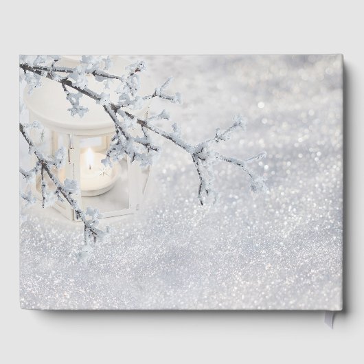 Kaars verlicht lantaarn in sprankelende sneeuw bru gastenboek (Achterkant)