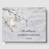 Kaars verlicht lantaarn in sprankelende sneeuw bru gastenboek (Voorkant)