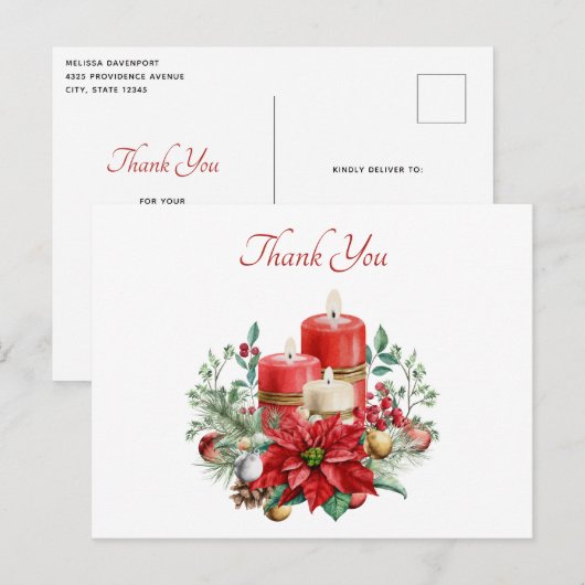 Kaarsen en bloemboeket Kerst Dank Je Briefkaart (Voorkant / Achterkant)