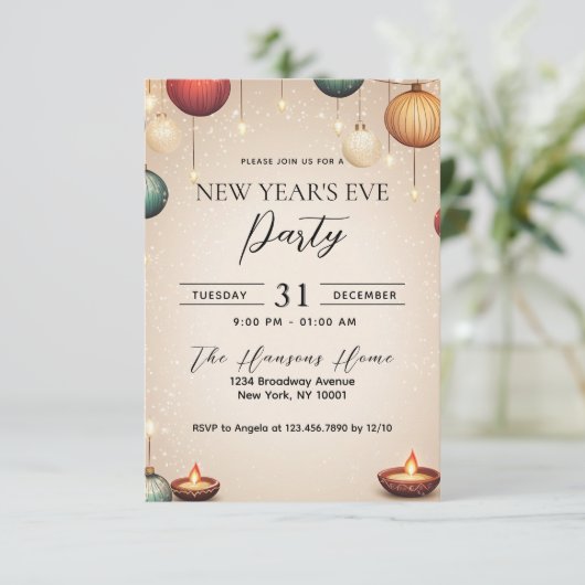 Kaarsen en Ornamenten beige oudejaarsfeest Kaart (Staand voorkant)