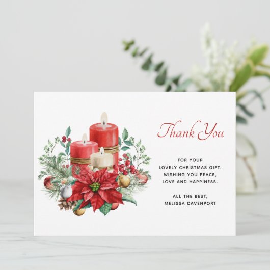  kaarsen en Poinsettia Boeket Kerstmis Bedankkaart (Staand voorkant)