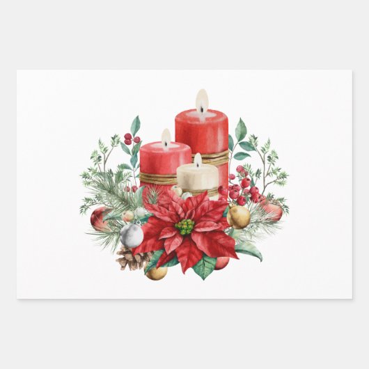 Kaarsen en Poinsettia Boeket Kerstmis Inpakpapier Vel (Voorkant)