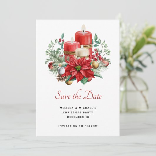  kaarsen en Poinsettia Boeket Kerstmis Save The Date (Staand voorkant)