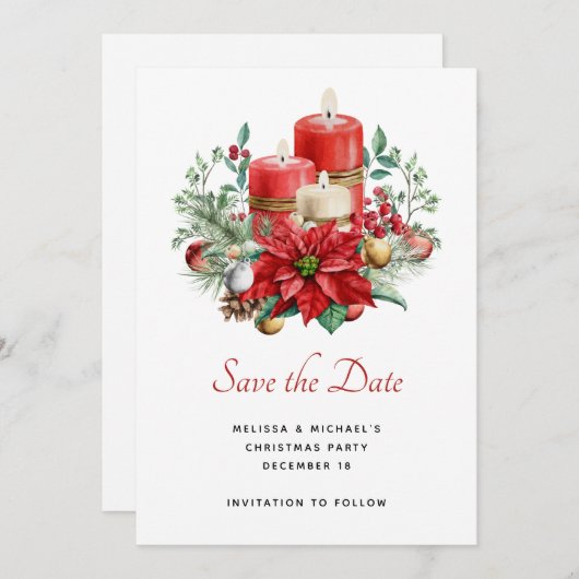 kaarsen en Poinsettia Boeket Kerstmis Save The Date (Voorkant / Achterkant)