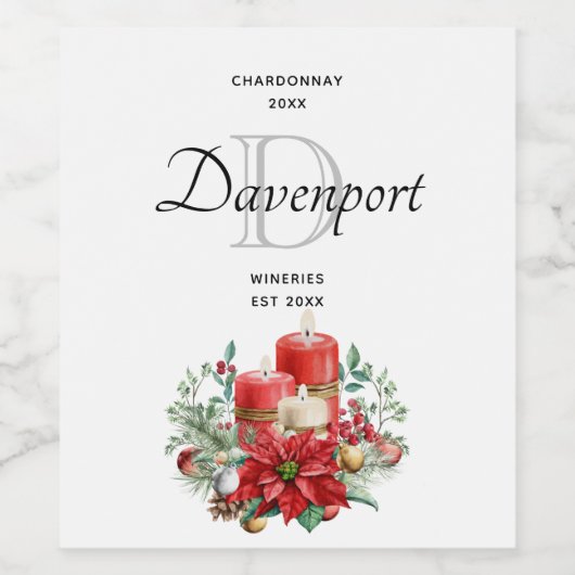 Kaarsen en Poinsettia Boeket Wijn Maken Wijn Etiket (Enkel label)