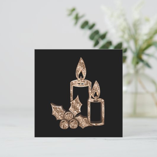Kaarsen Holly Modern Black en Gold Kerstmis Feestdagenkaart (Staand voorkant)