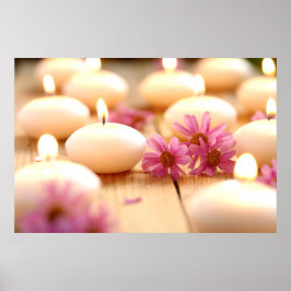 kaarsen, houten vloer en bloemen, bevroren vrede c poster