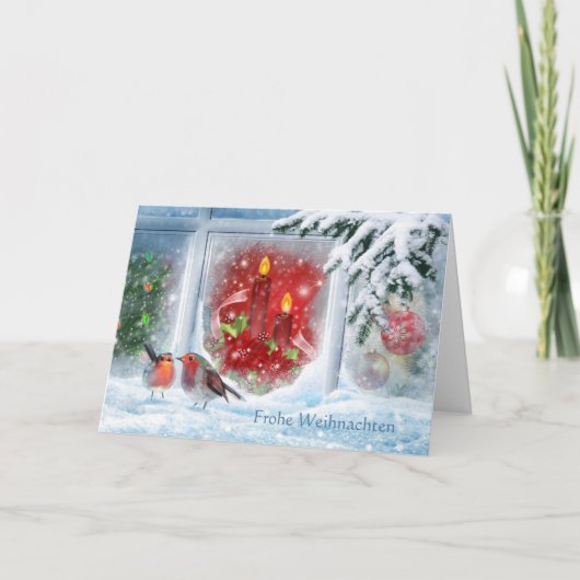 Kaarsen, poinsettia's, roodborstjes en Duitse kers Feestdagen Kaart (Voorkant)