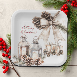 Kaarsen Sneeuwden Pine Cones Kerstmis Papieren Bordje