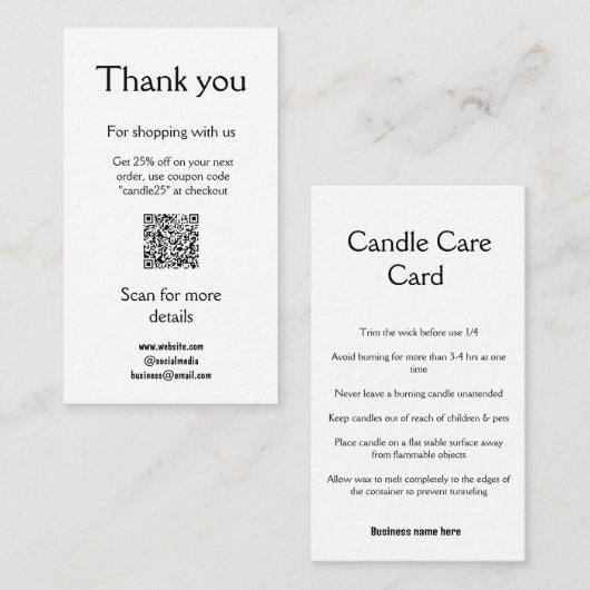 Kaarsenverzorging instructies dank u korting toevo informatiekaartje (Voorkant / Achterkant)