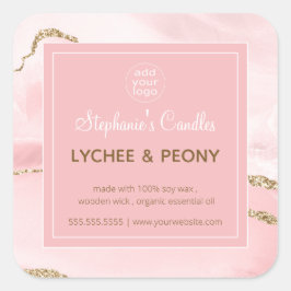 Kaarslabel | Roze marmer & gouden glitter Vierkante Sticker