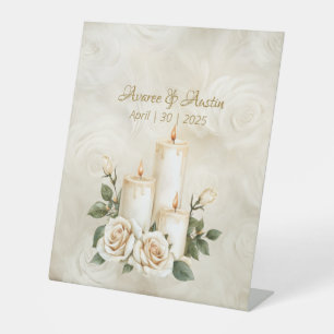 Kaarslicht Ceremonie Bloemen Teken onze bruiloft Reclamebord Met Voetstuk