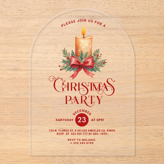 Kaarslicht met Red Bow Kerstfeest Uitnodigen Acryl Uitnodigingen (Voorkant)