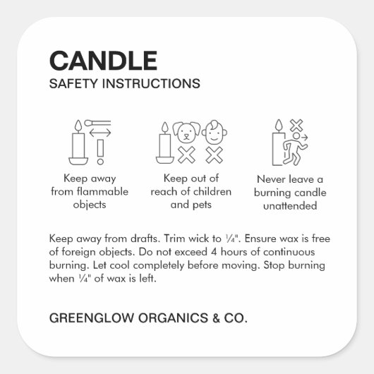 Kaarsveiligheidsetiket en verzorgingsinstructie St Vierkante Sticker (Voorkant)