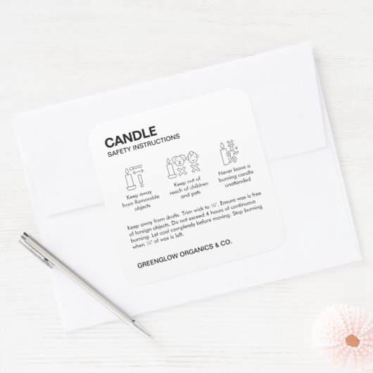 Kaarsveiligheidsetiket en verzorgingsinstructie St Vierkante Sticker (Envelop)