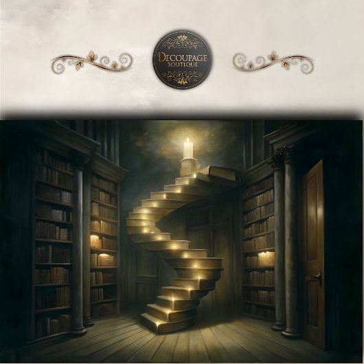 Kaarsverlichte bibliotheek trap decoupage tissuepapier