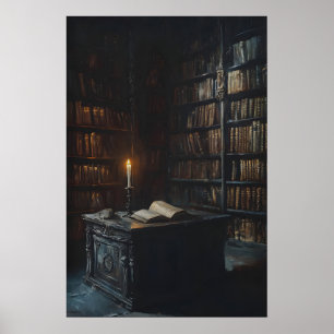 Kaarsverlichte gotische bibliotheekkunst, donkere poster