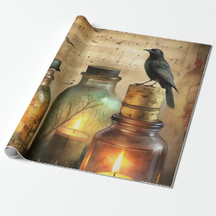 Kaarsverlichte Kraai met Antieke Flessen & Bladmuz Cadeaupapier