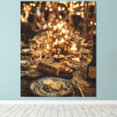 Kaarsverlichte wijn- en broodfeest canvas afdruk (Insitu (Houten vloer))