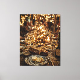 Kaarsverlichte wijn- en broodfeest canvas afdruk